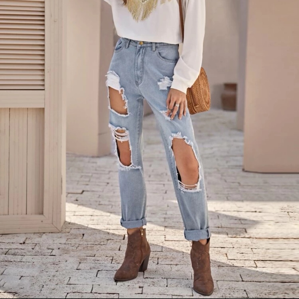 SHEIN Light Washed High-Waisted Ripped Jeans